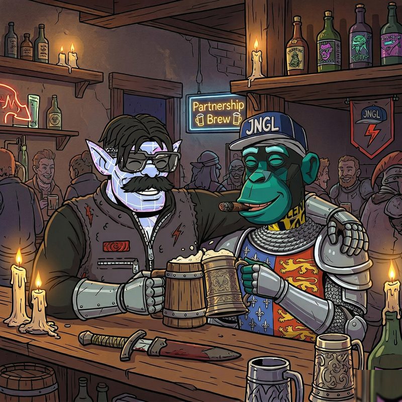An orc and a primate in armor sharing a drink at the tavern